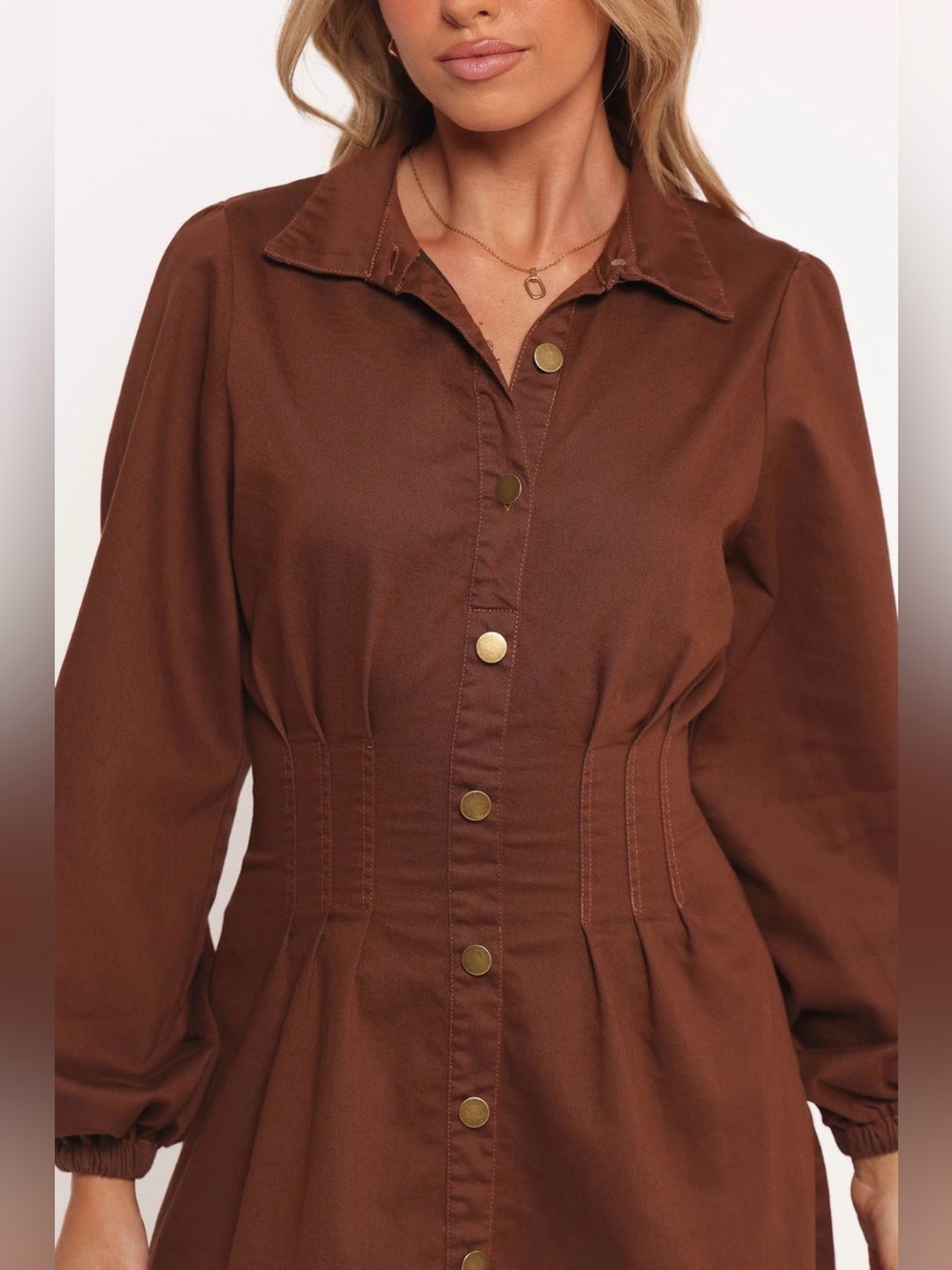 Petal & Pup Phoenix Long Sleeve Mini Dress Brown Denim L Collared - Picture 2 of 11